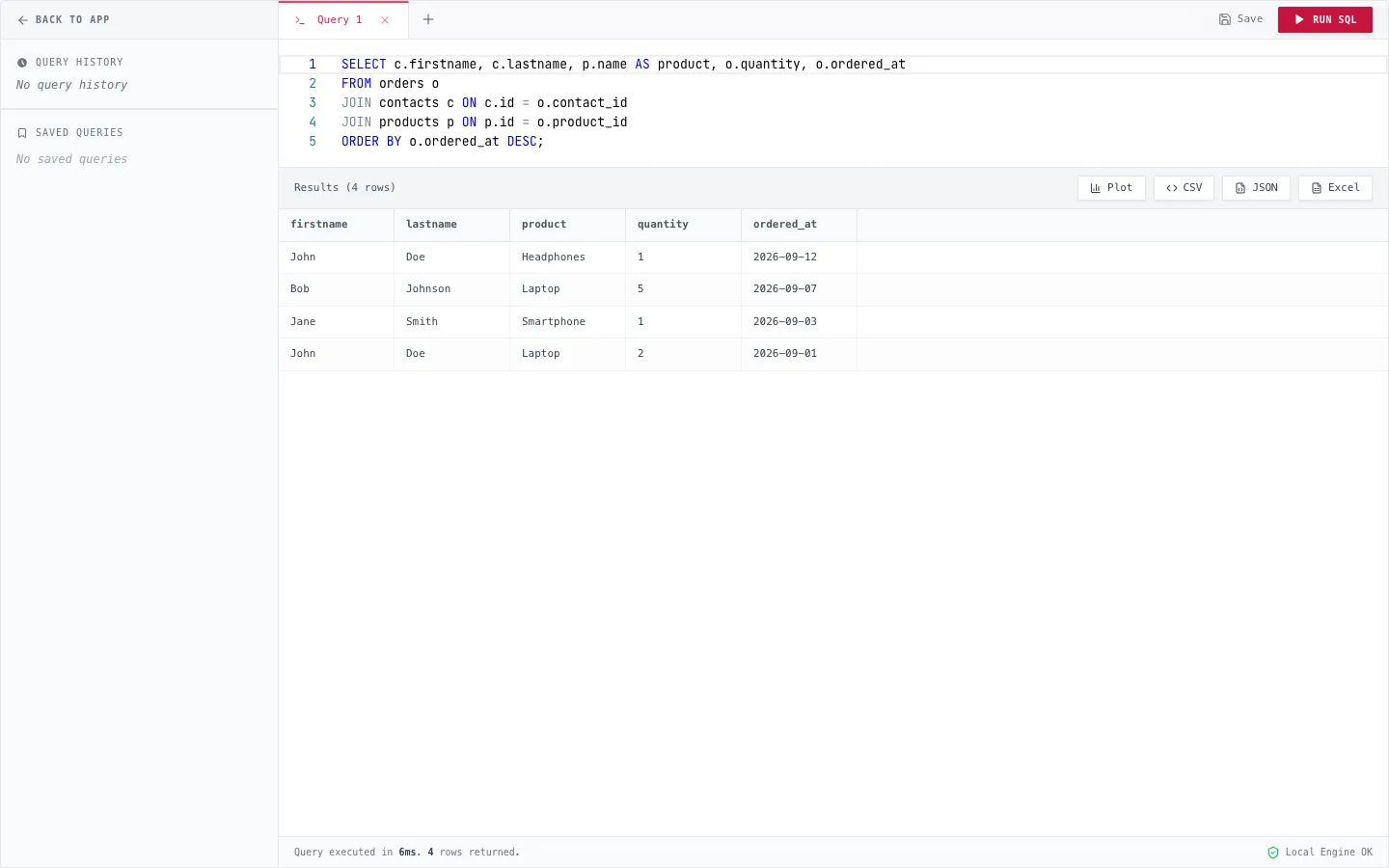 SQLite Viewer SQL editor running a SELECT query with the results shown in a grid below